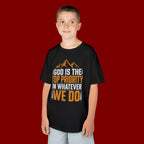 Kids Tee - "God Is the Top Priority in Whatever We Do" Faith Mountain Graphic