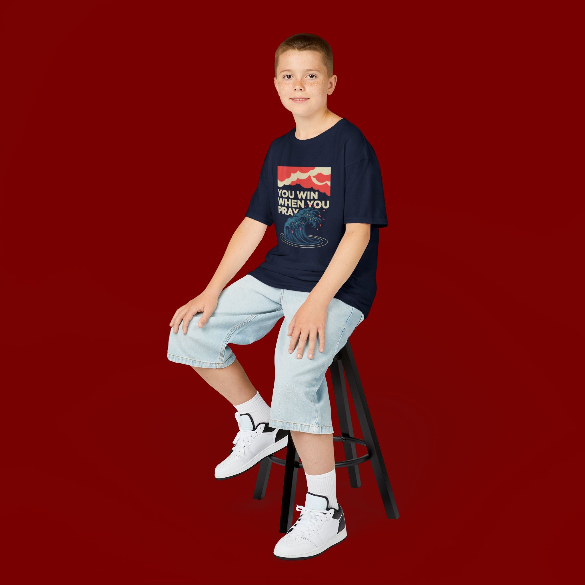 Kids Tee – “You Win When You Pray” Retro Wave Ocean Graphic