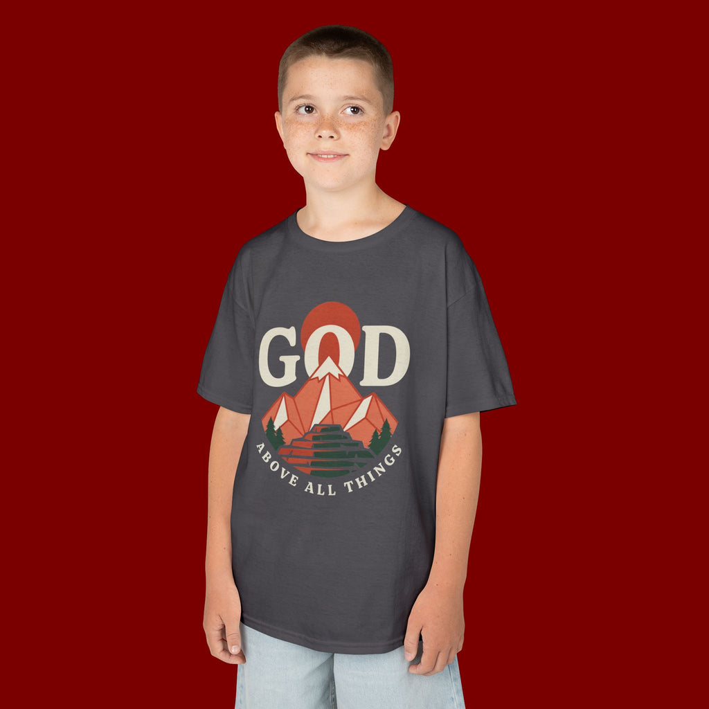 Kids Tee – 'GOD' Mountain Sunrise Faith Graphic