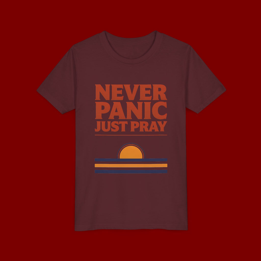 Youth Tee — "Never Panic Just Pray" Retro Sunset Kids T-Shirt