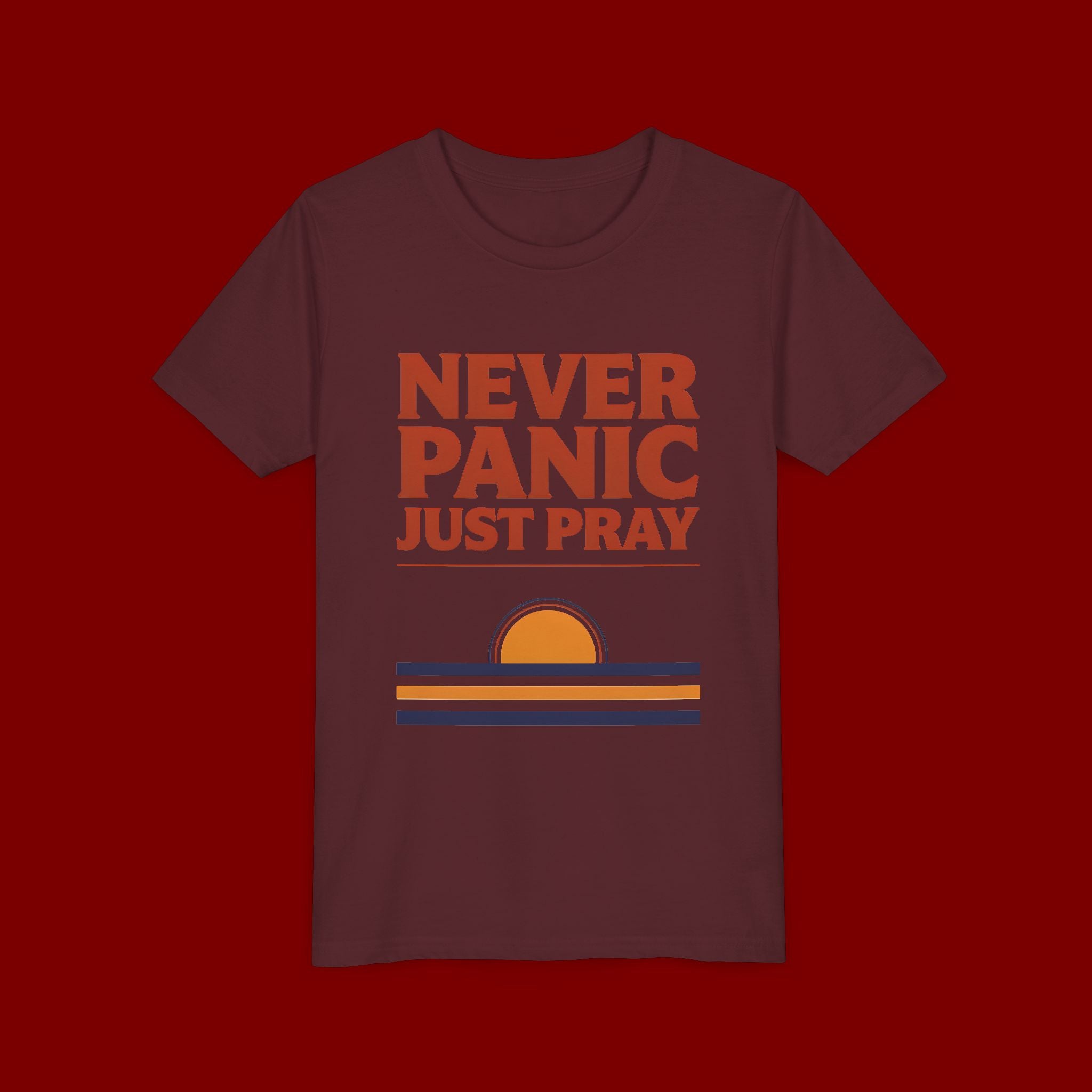 Youth Tee — "Never Panic Just Pray" Retro Sunset Kids T-Shirt