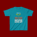 Kids Tee – "Pray & Never Give Up" Inspirational Plant Graphic