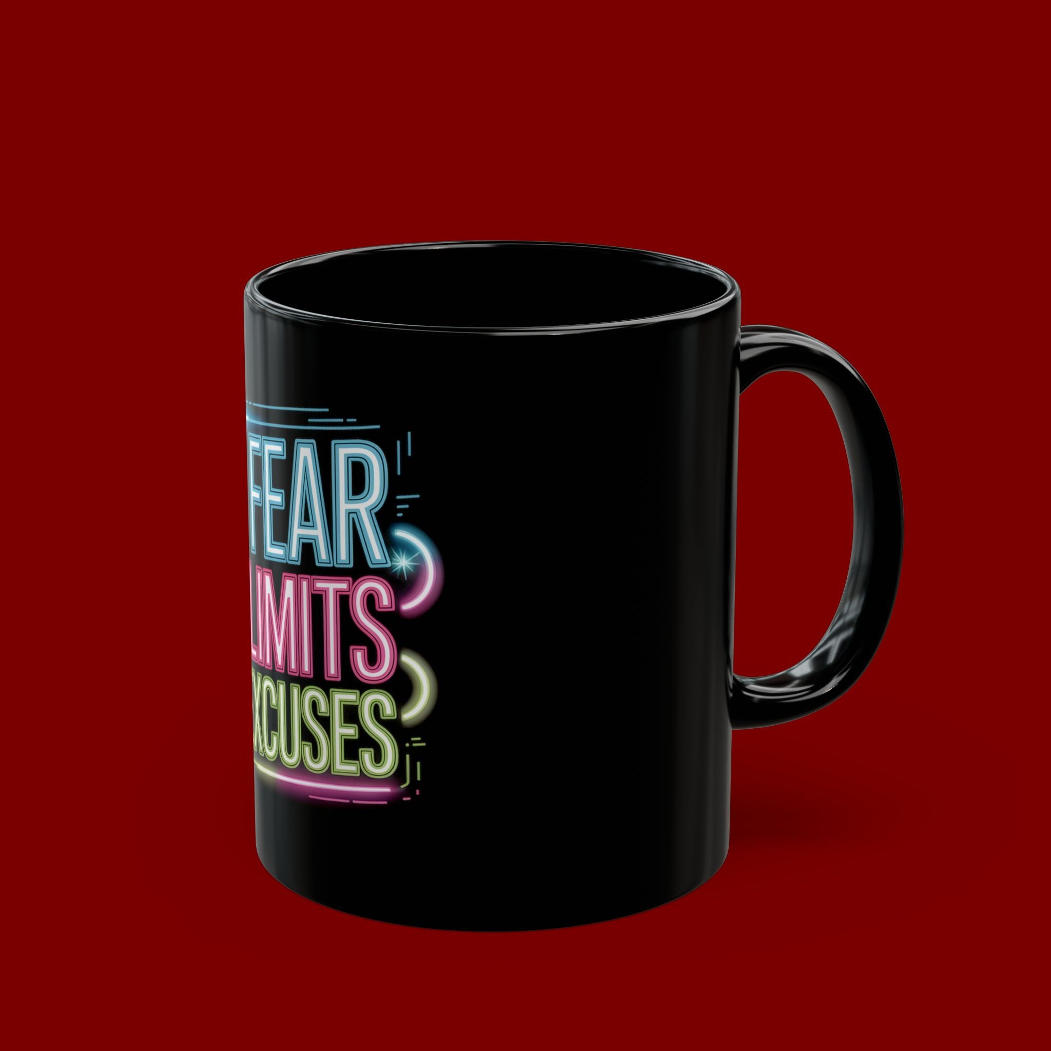 Motivational Mug — "No Fear, No Limits, No Excuses" Neon Coffee Cup