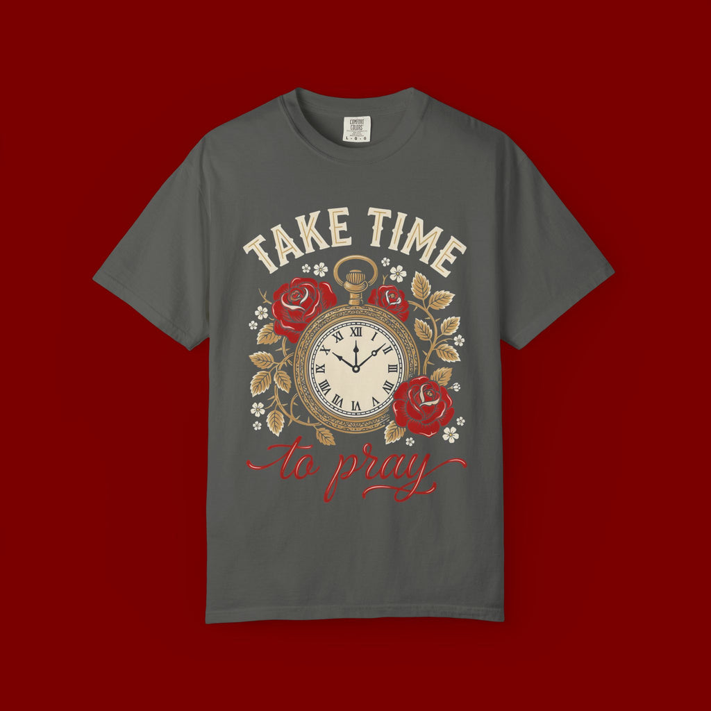 Take Time to Pray Pocket Watch T-Shirt — Faith-Based Floral Christian Tee