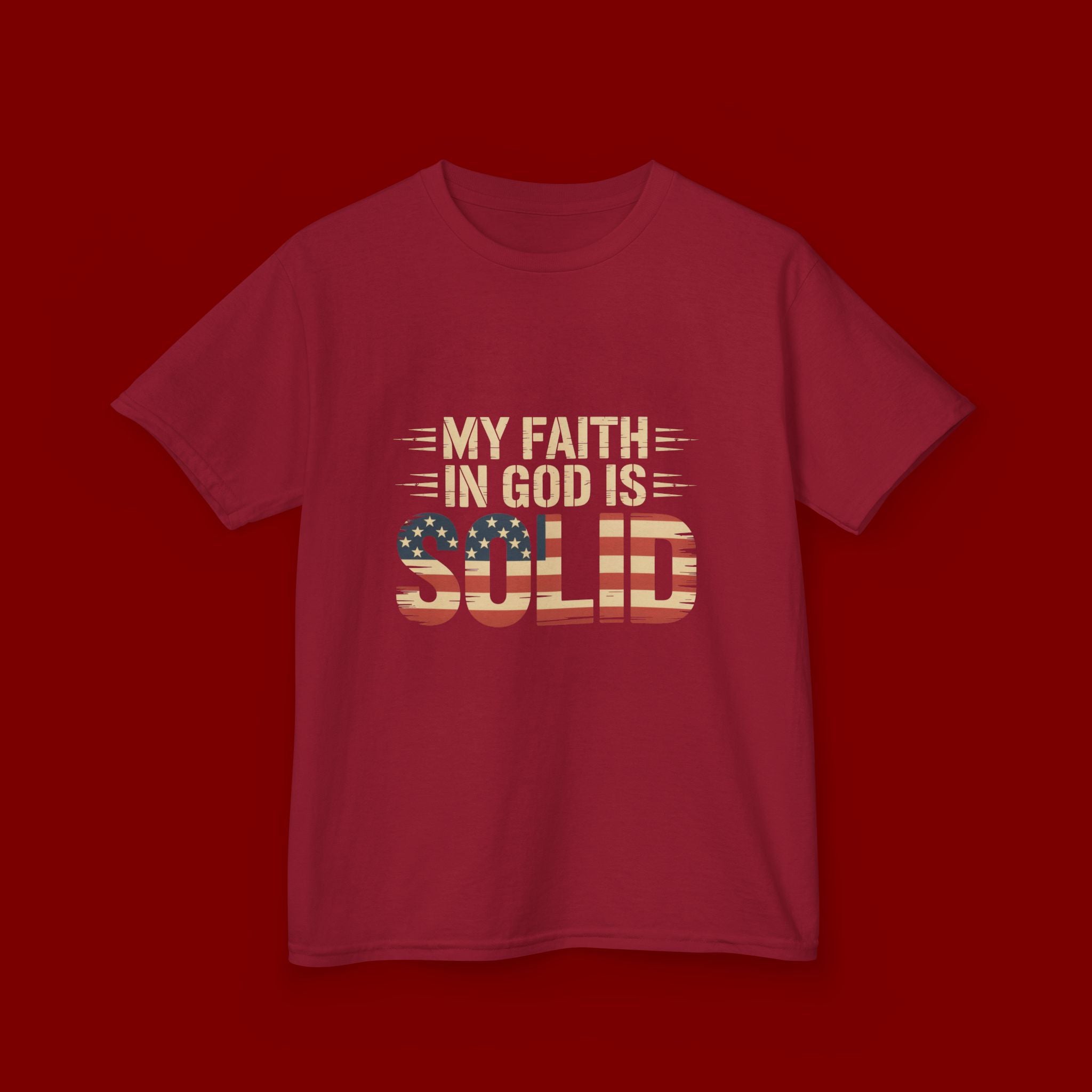 Kids Tee — "My Faith in God is Solid" Patriotic Christian T-Shirt