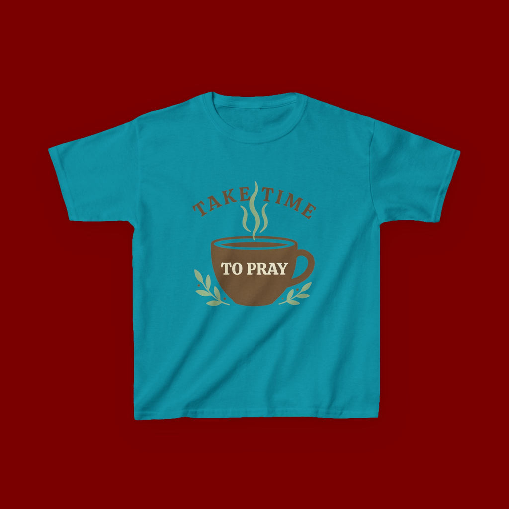 Kids Tee — "Take Time to Pray" Coffee Cup Faith Graphic