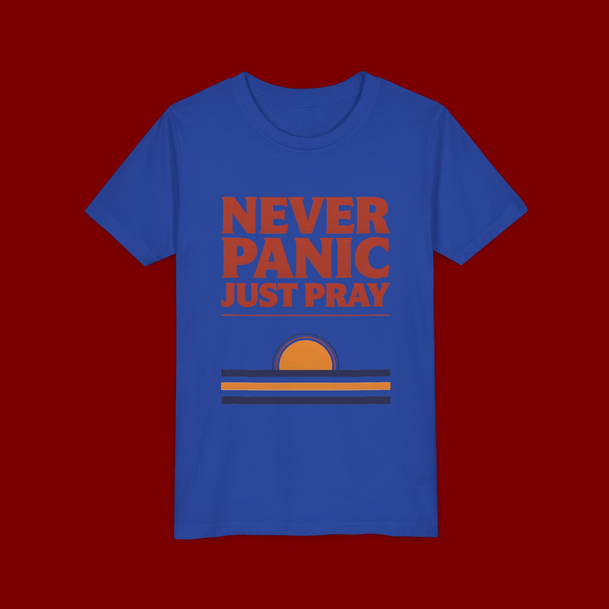 Youth Tee — "Never Panic Just Pray" Retro Sunset Kids T-Shirt