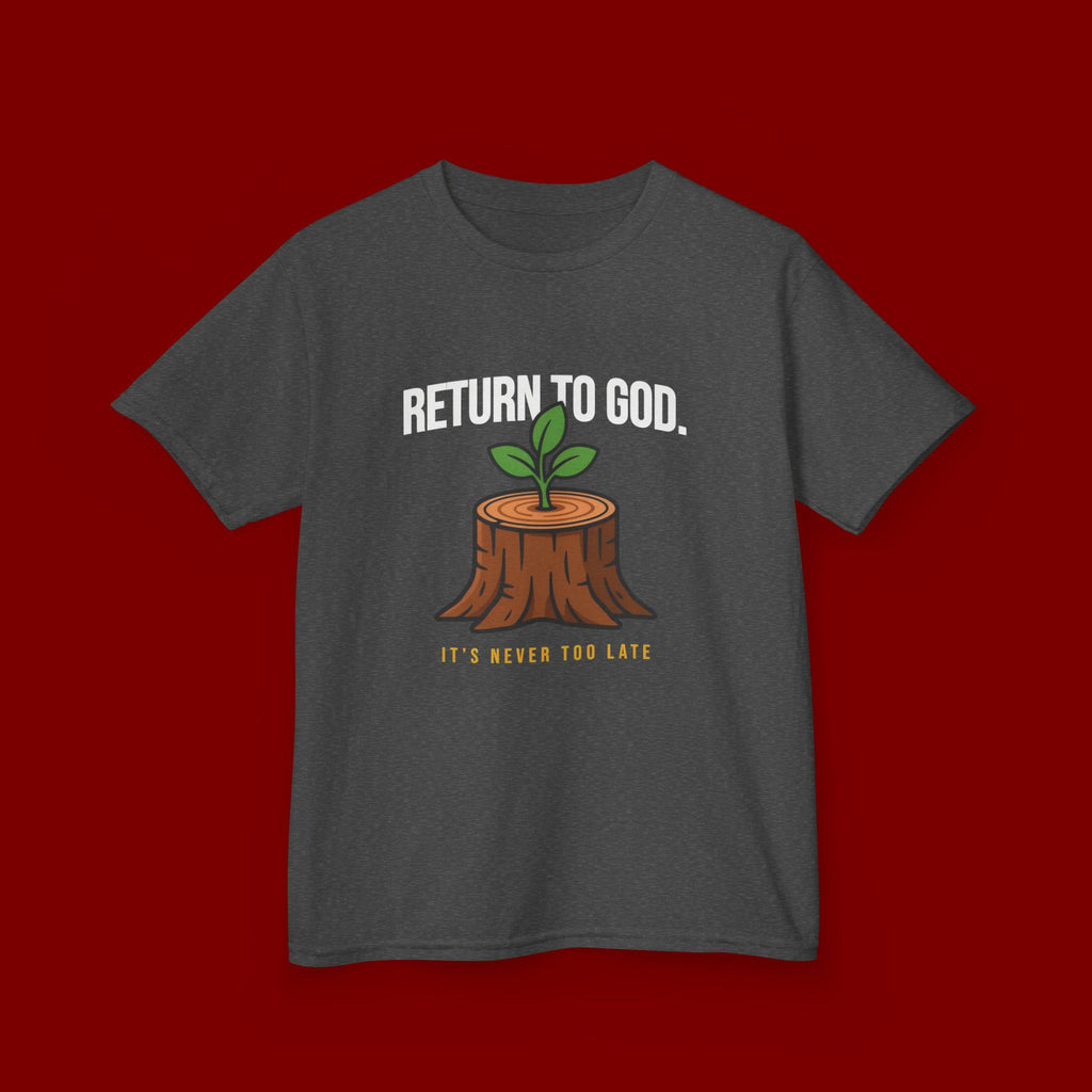 Return to God Kids T-Shirt – Tree Stump with Sprout, “It’s Never Too Late” Inspirational Youth Tee