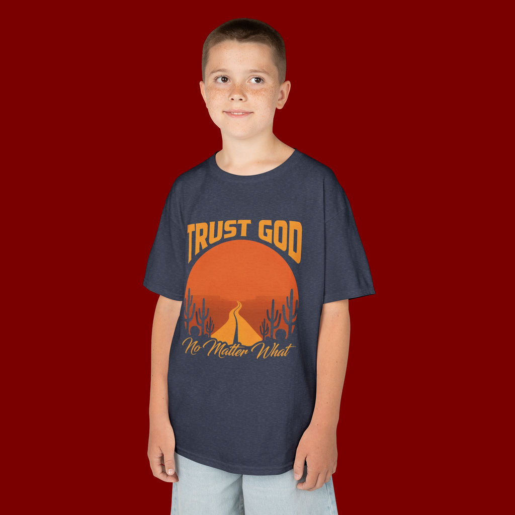 Kids Tee — "Trust God No Matter What" Sunset Camping Graphic