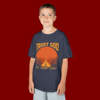 Kids Tee — "Trust God No Matter What" Sunset Camping Graphic