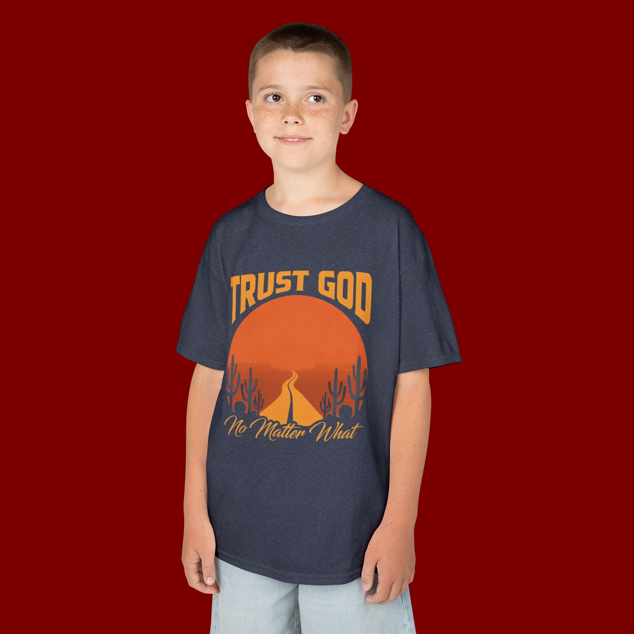 Kids Tee — "Trust God No Matter What" Sunset Camping Graphic