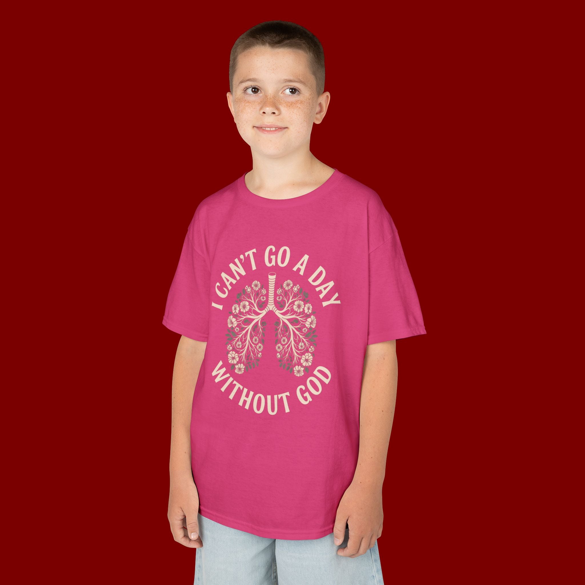 Kids T-Shirt – "I Can't Go a Day Without God" Floral Lungs Christian Tee