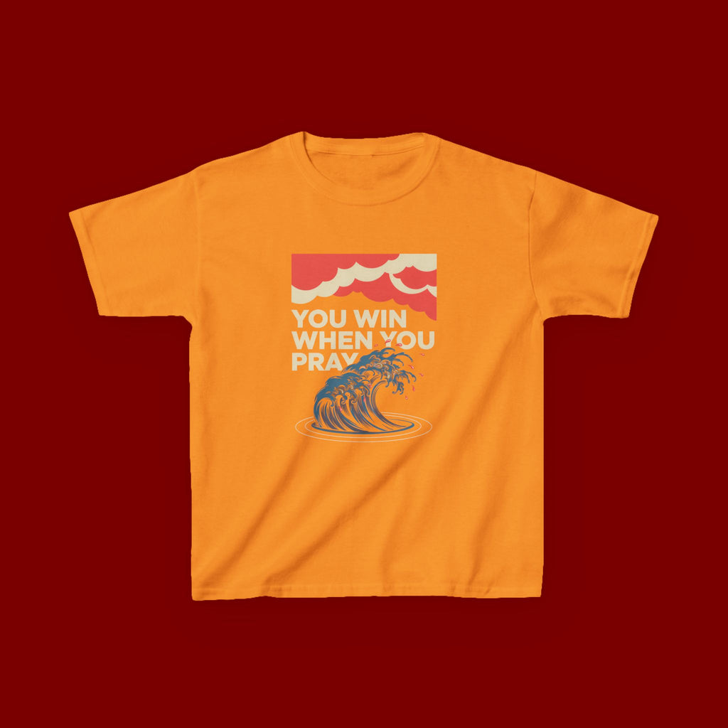 Kids Tee – “You Win When You Pray” Retro Wave Ocean Graphic