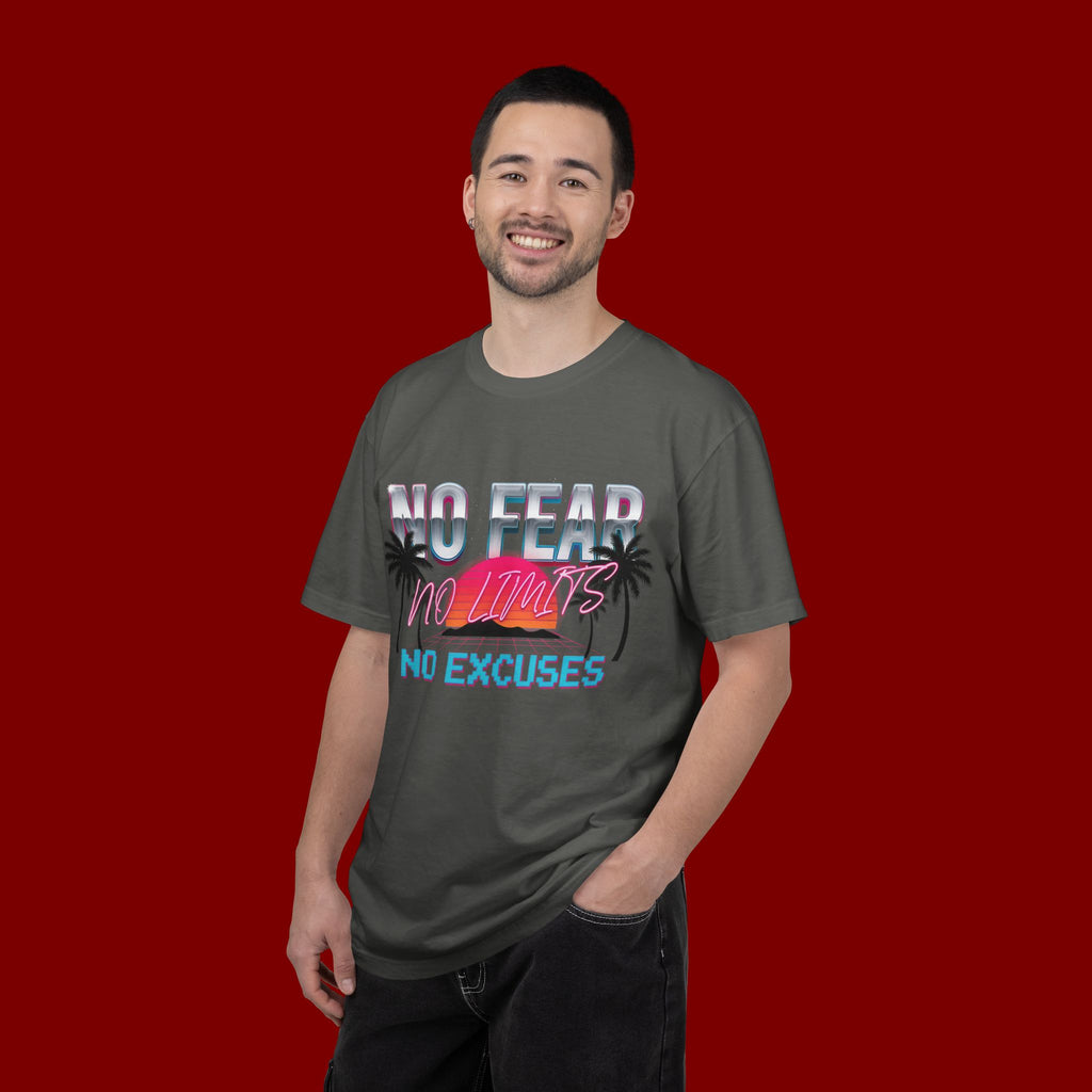 No Fear, No Excuses T-Shirt — Retro Sunset Palm Graphic Tee