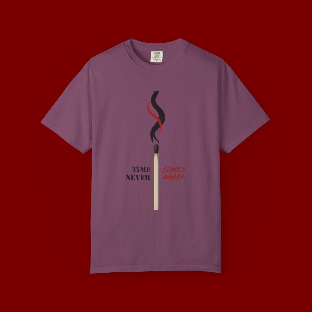 Matchstick Graphic Tee — "Time Never" Minimalist Smoky Design
