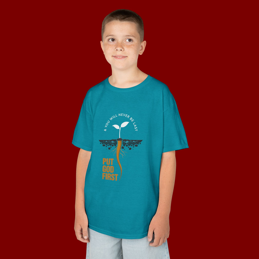 Kids T‑Shirt — 'Put God First' Religious Sprout Graphic Tee (Christian Youth)