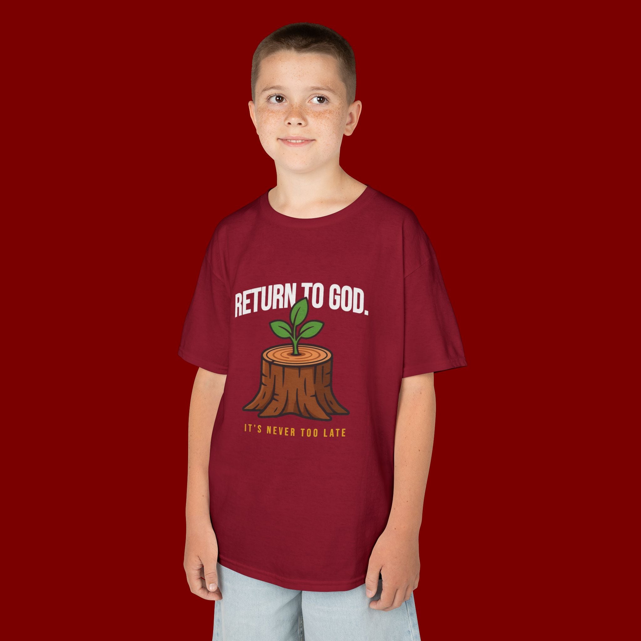 Return to God Kids T-Shirt – Tree Stump with Sprout, “It’s Never Too Late” Inspirational Youth Tee