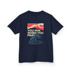 Kids Tee – “You Win When You Pray” Retro Wave Ocean Graphic