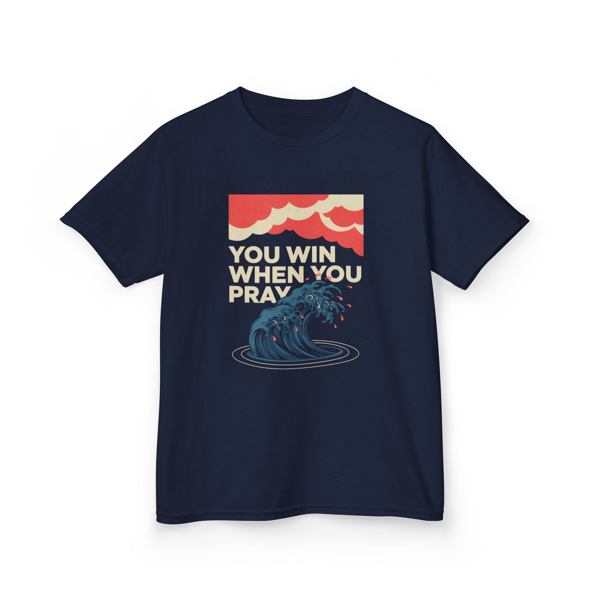 Kids Tee – “You Win When You Pray” Retro Wave Ocean Graphic