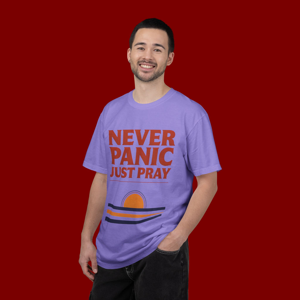 Never Panic Just Pray T‑Shirt — Retro Sunset Faith Tee