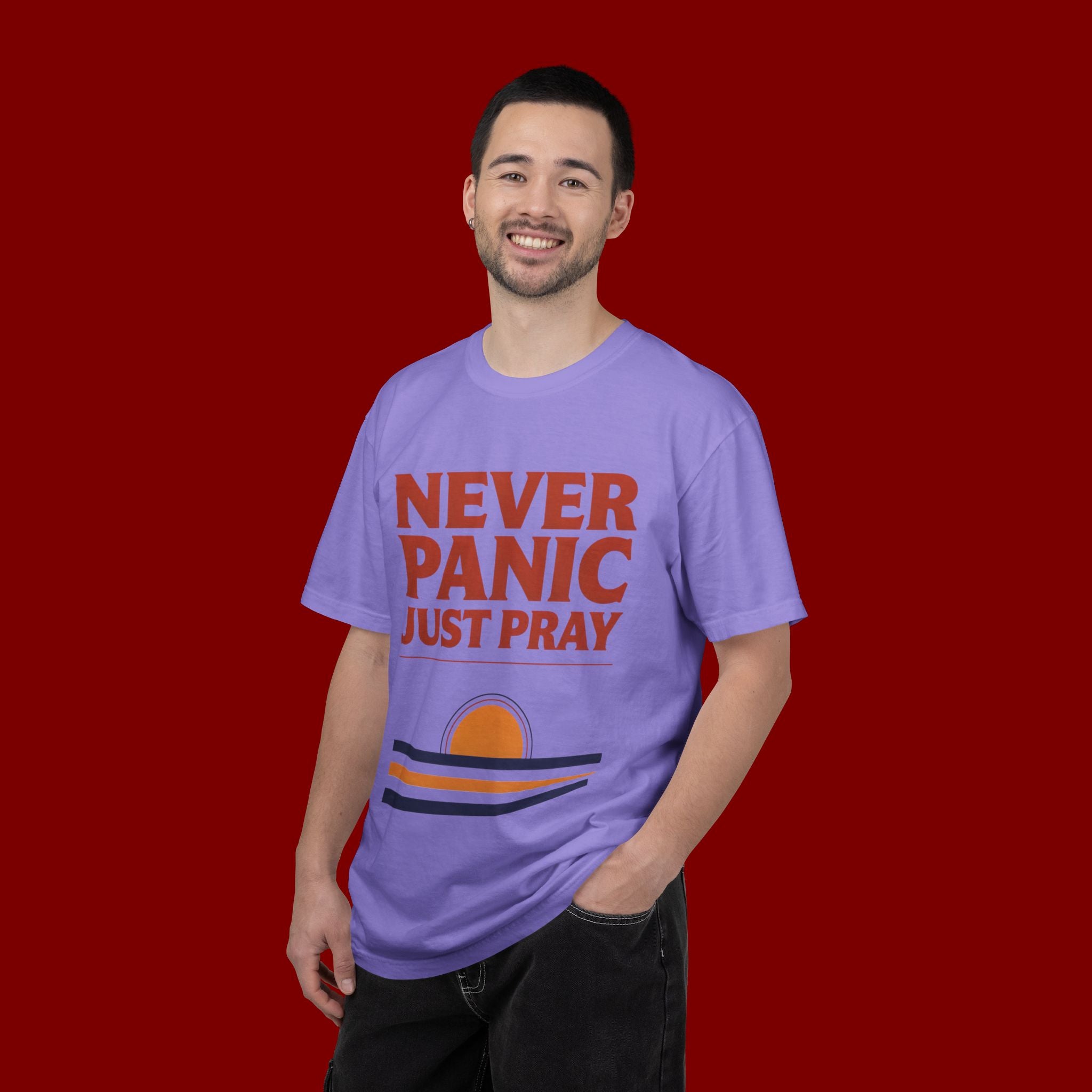 Never Panic Just Pray T‑Shirt — Retro Sunset Faith Tee