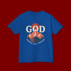 Kids Tee – 'GOD' Mountain Sunrise Faith Graphic