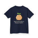 Kids Tee — "When GOD steps in, Miracles happen." Inspirational Christian T‑Shirt with Sprout Pot Design