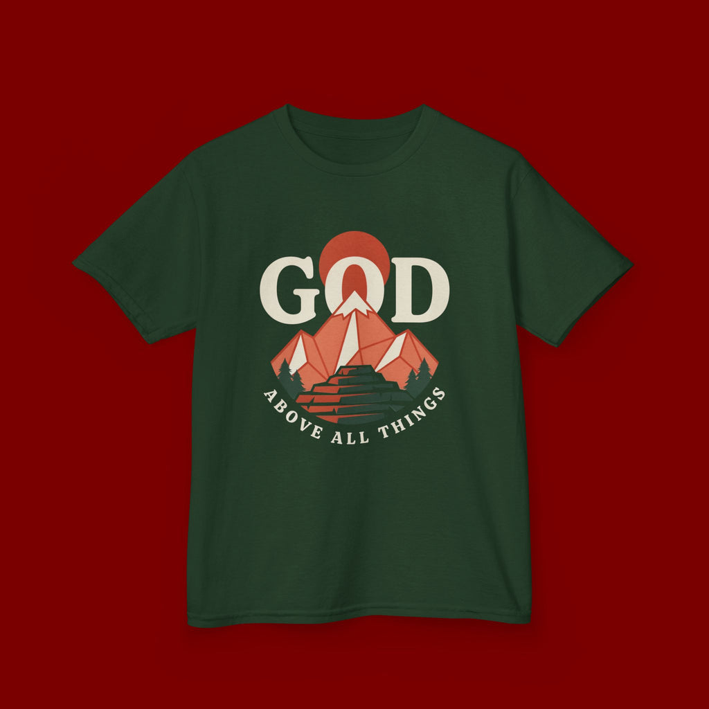 Kids Tee – 'GOD' Mountain Sunrise Faith Graphic