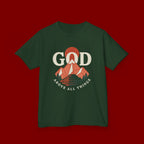 Kids Tee – 'GOD' Mountain Sunrise Faith Graphic