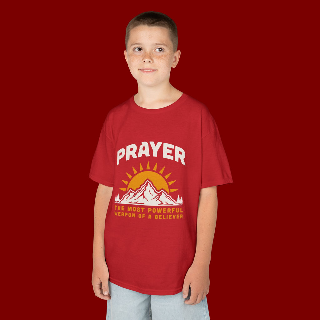 Kids Tee — "Prayer: The Most Powerful Weapon of a Believer" Mountain Sun Graphic
