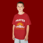 Kids Tee — "Prayer: The Most Powerful Weapon of a Believer" Mountain Sun Graphic