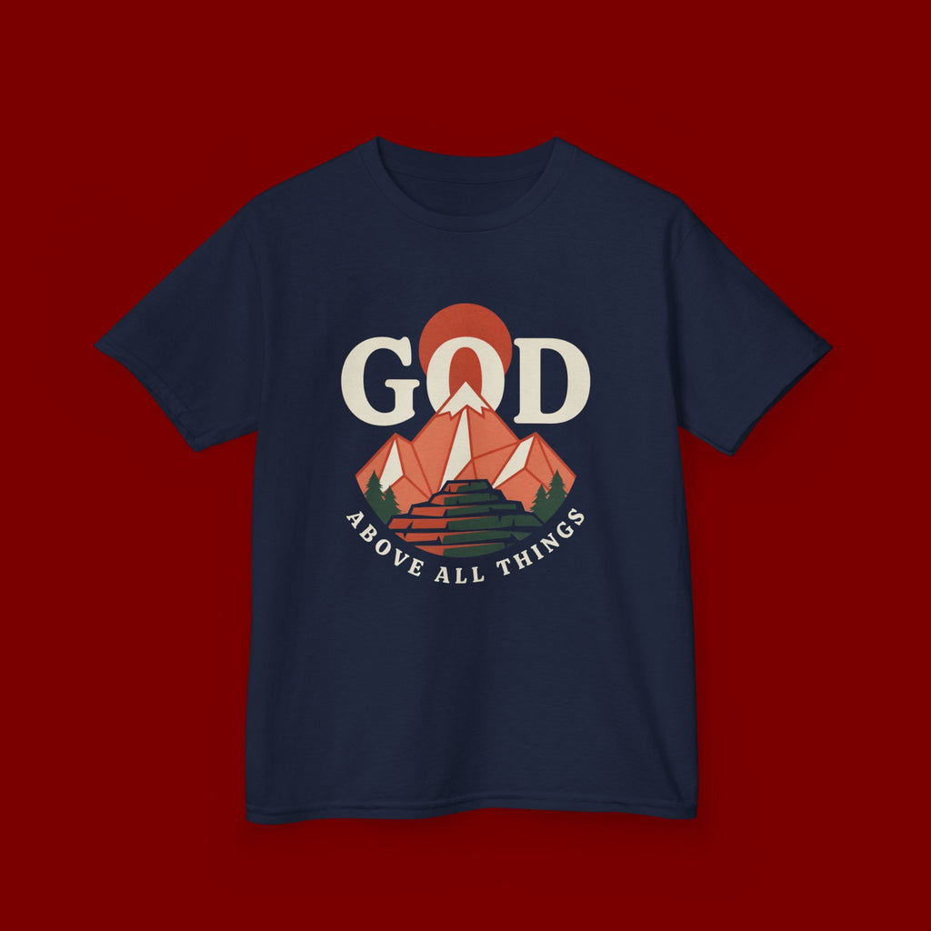 Kids Tee – 'GOD' Mountain Sunrise Faith Graphic