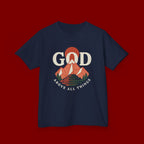 Kids Tee – 'GOD' Mountain Sunrise Faith Graphic