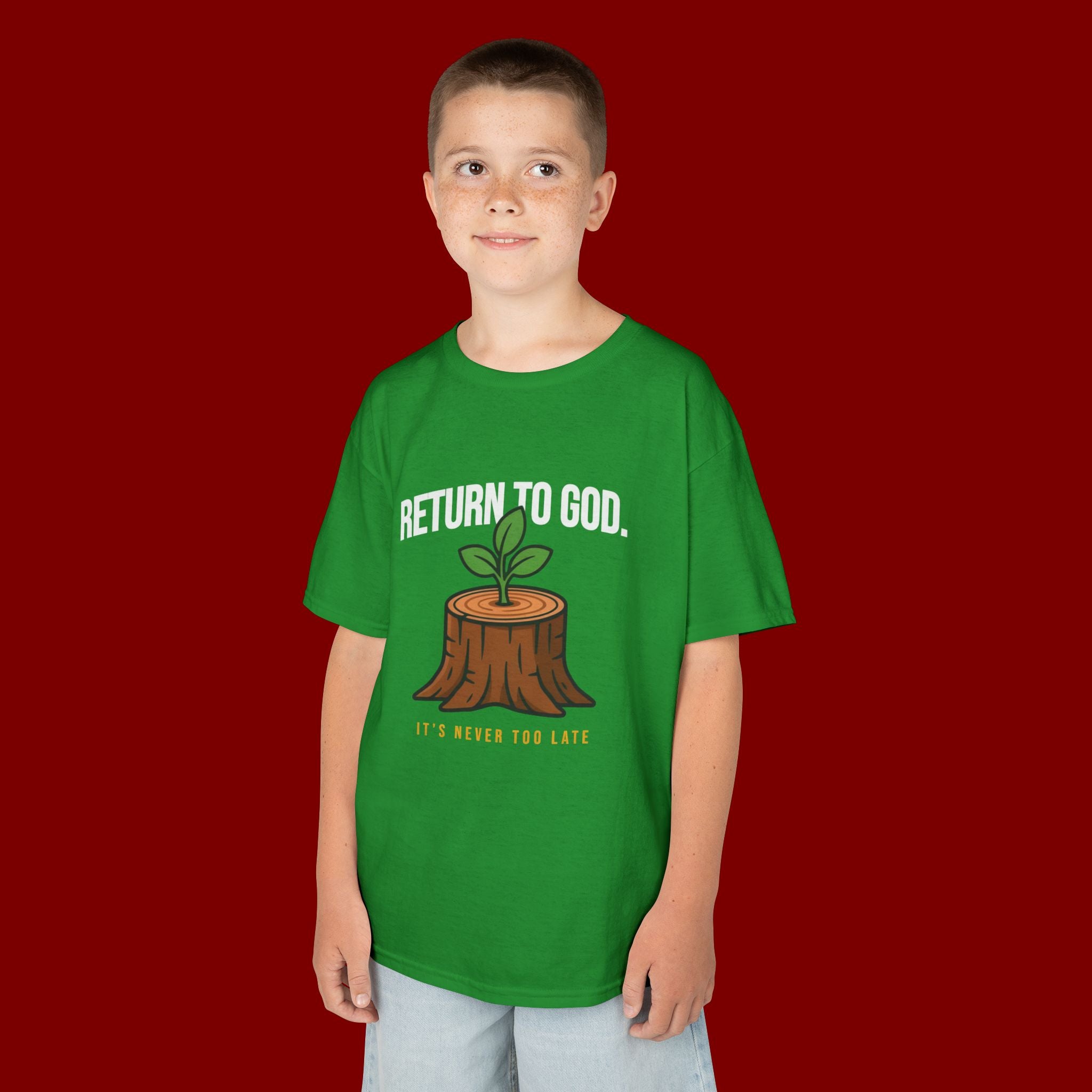 Return to God Kids T-Shirt – Tree Stump with Sprout, “It’s Never Too Late” Inspirational Youth Tee