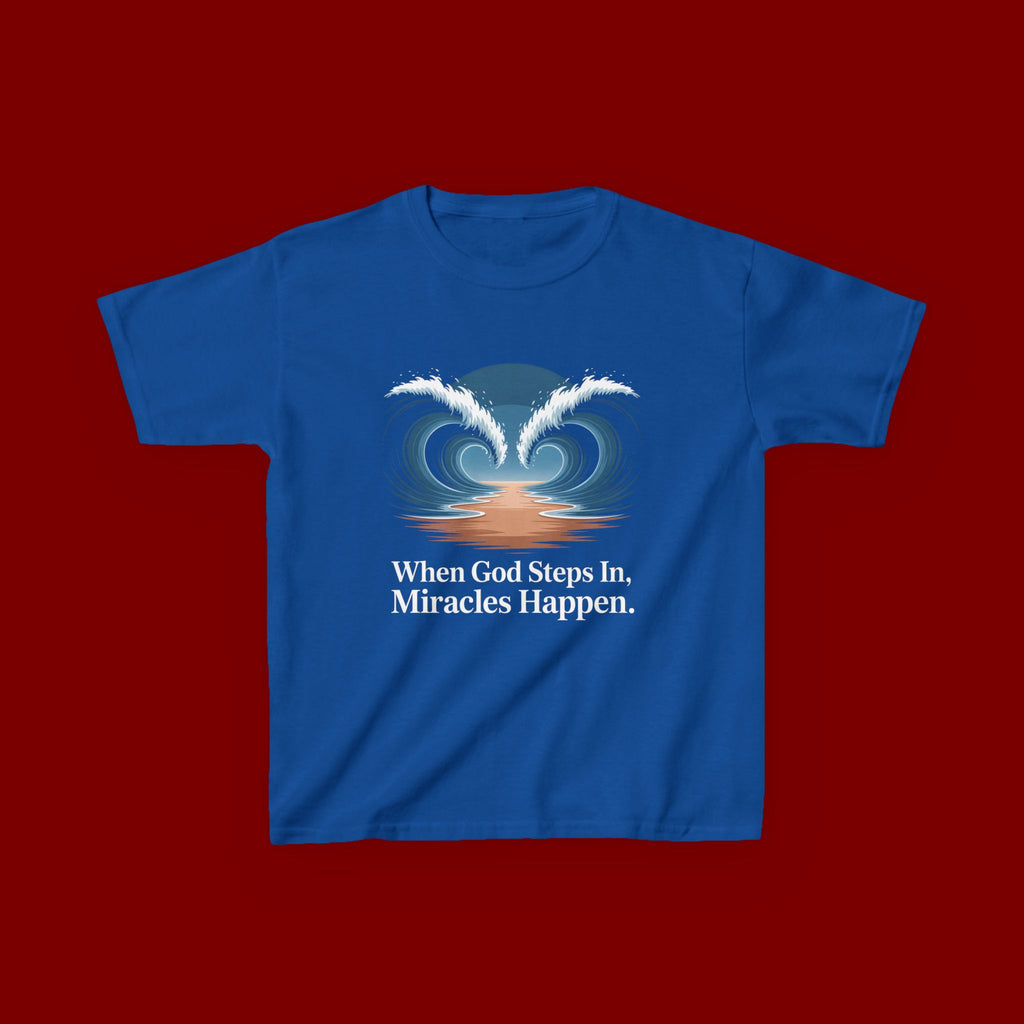 Kids Tee — “When God Steps In, Miracles Happen” Wave Heart Faith Shirt