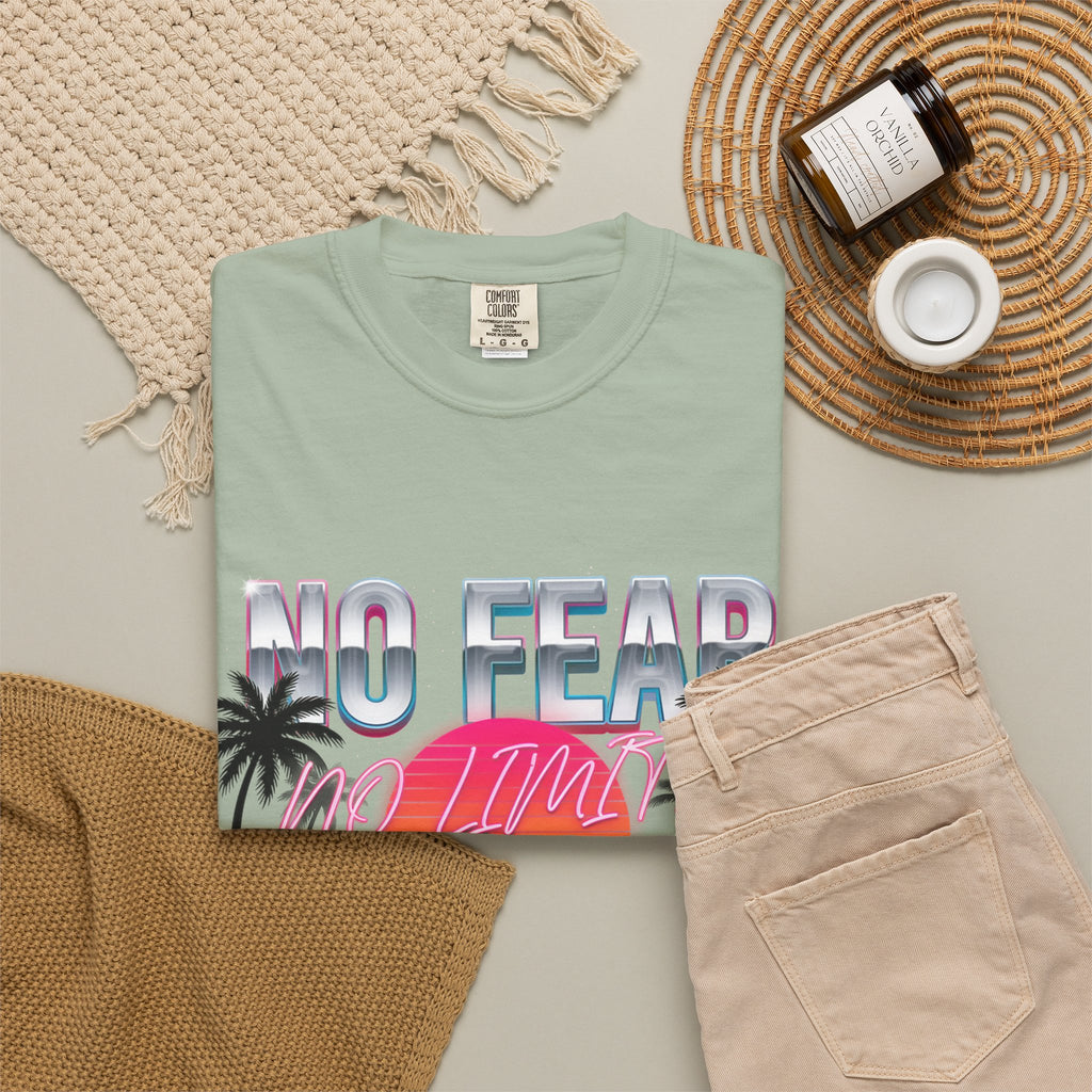 No Fear, No Excuses T-Shirt — Retro Sunset Palm Graphic Tee