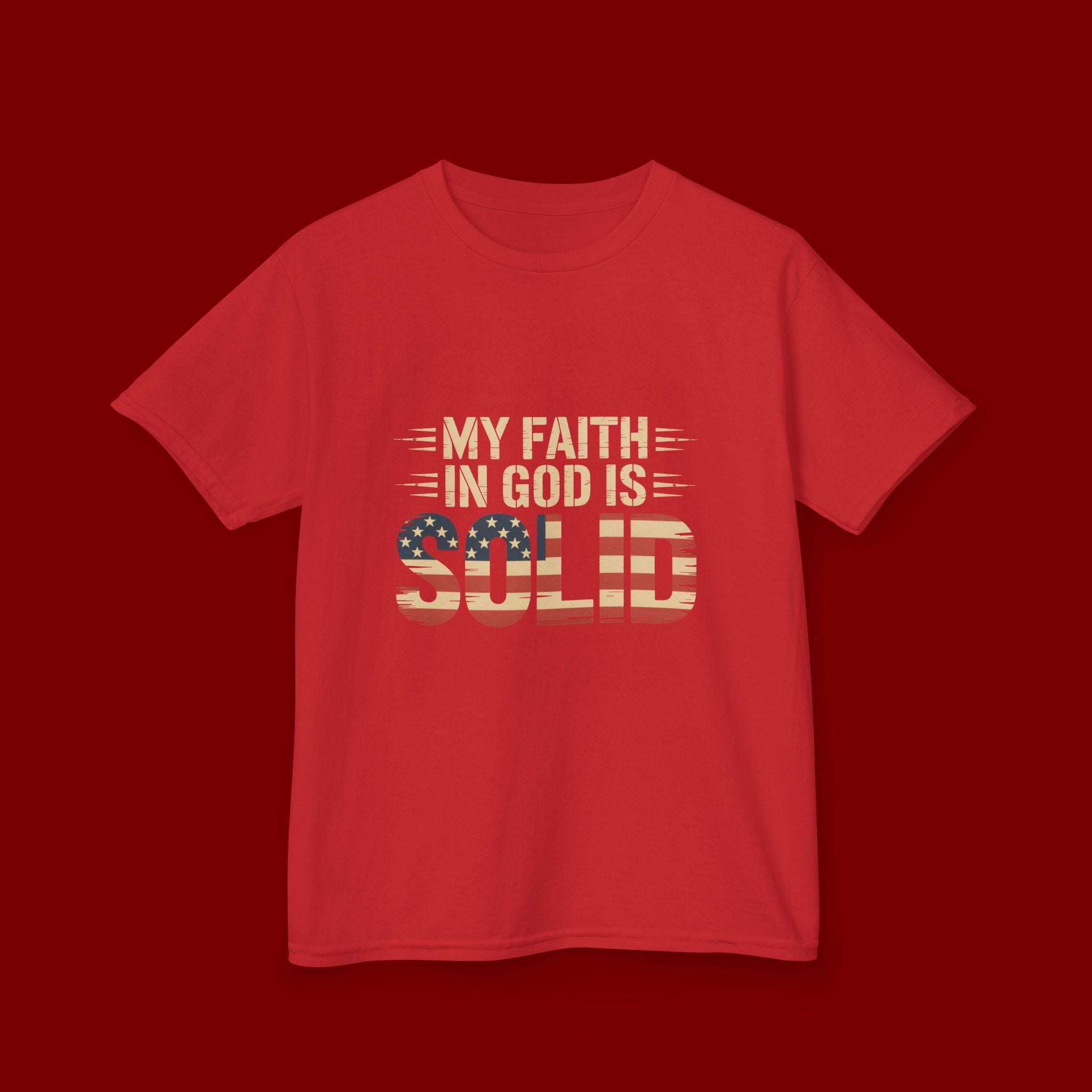 Kids Tee — "My Faith in God is Solid" Patriotic Christian T-Shirt
