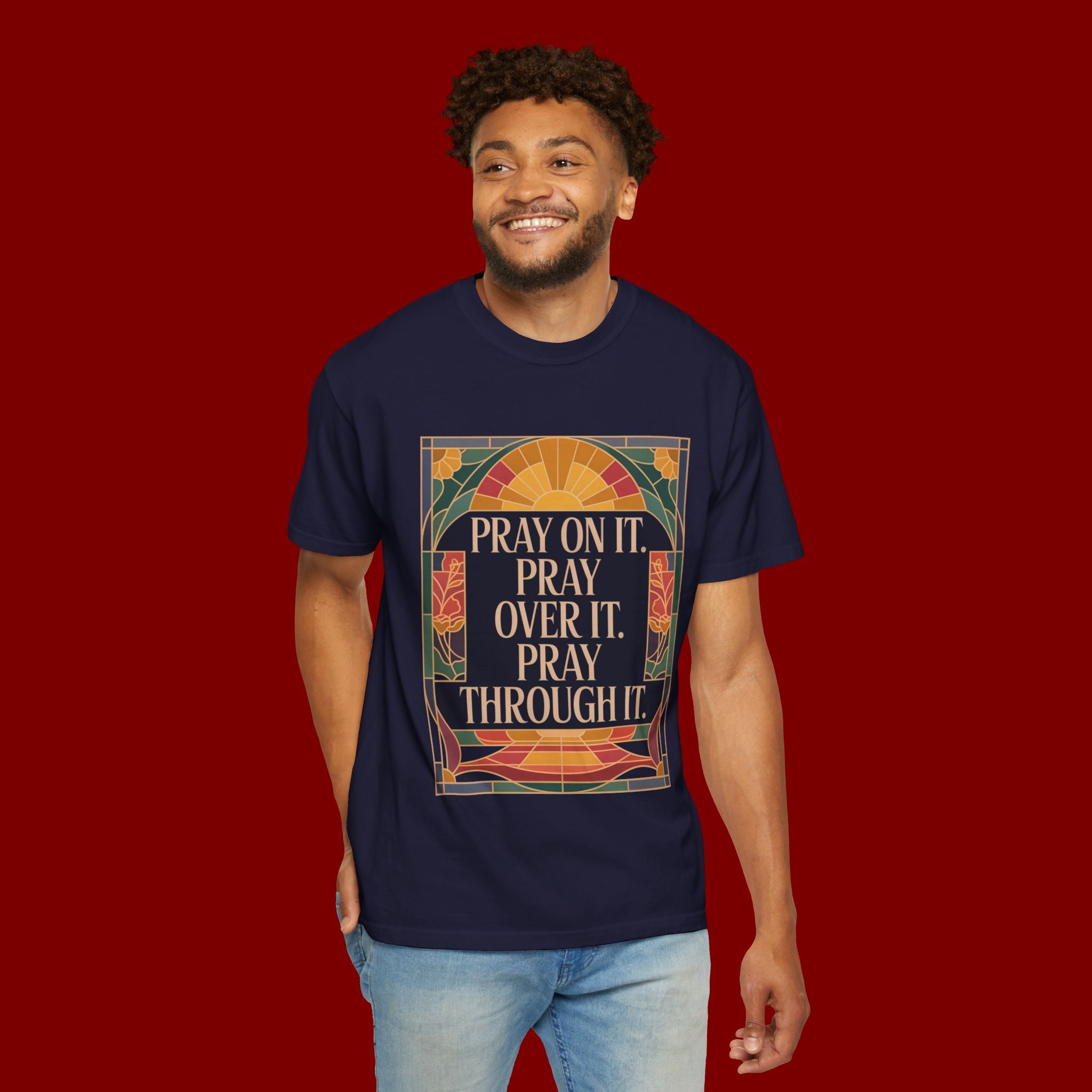 T-Shirt — Retro Sunset Floral Graphic “Play On It, Pray Over It, Pray Through It”