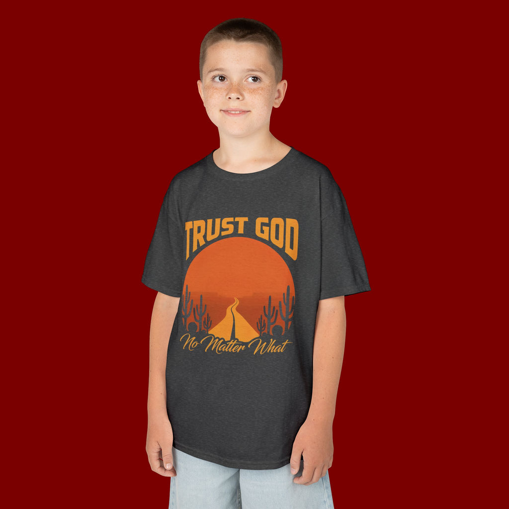 Kids Tee — "Trust God No Matter What" Sunset Camping Graphic