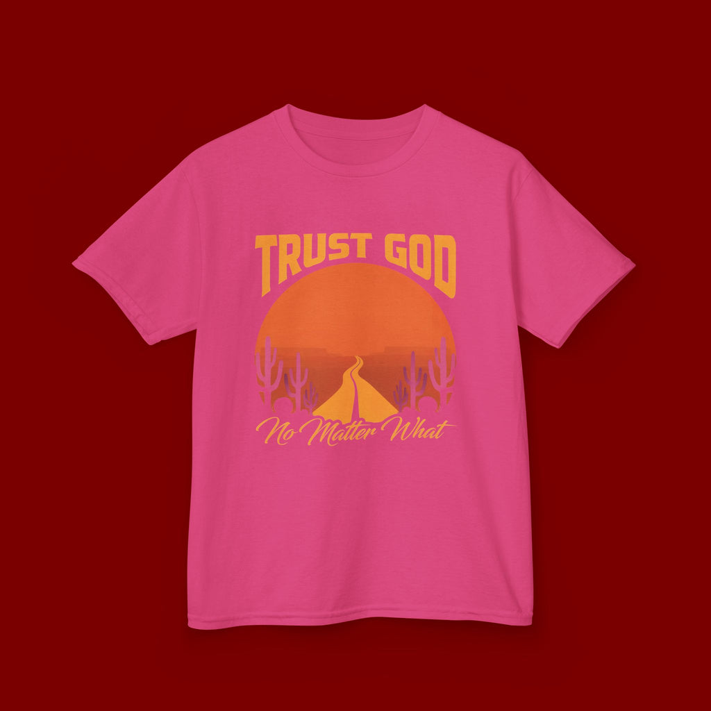 Kids Tee — "Trust God No Matter What" Sunset Camping Graphic