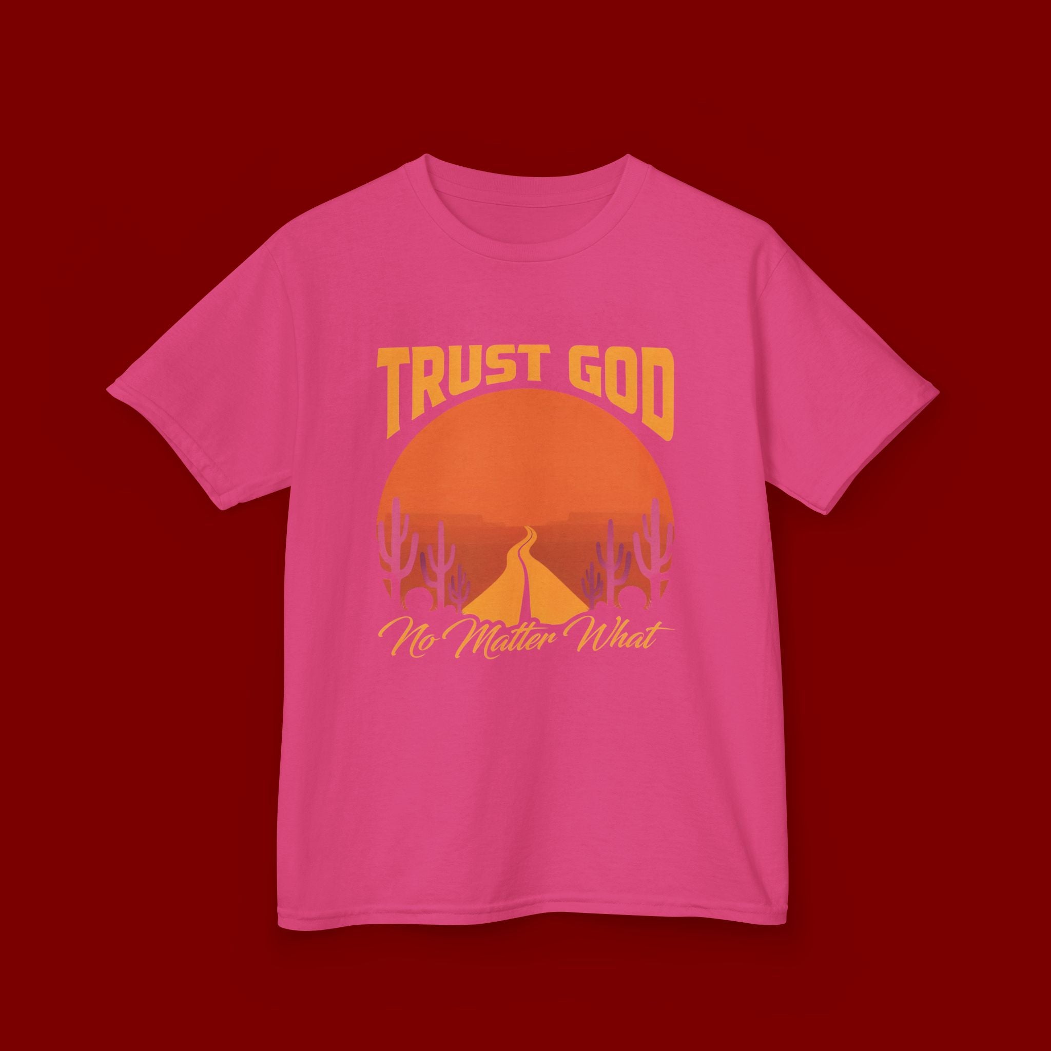 Kids Tee — "Trust God No Matter What" Sunset Camping Graphic