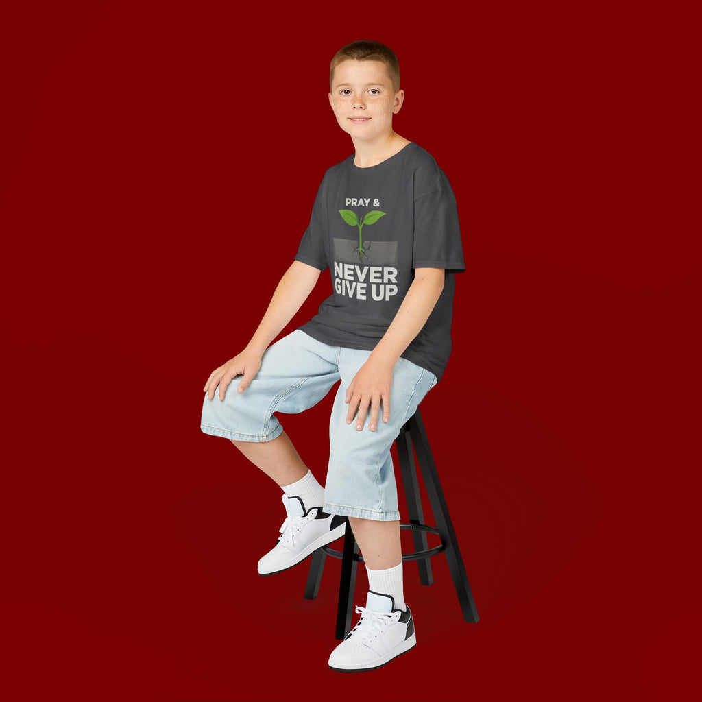 Kids Tee – "Pray & Never Give Up" Inspirational Plant Graphic