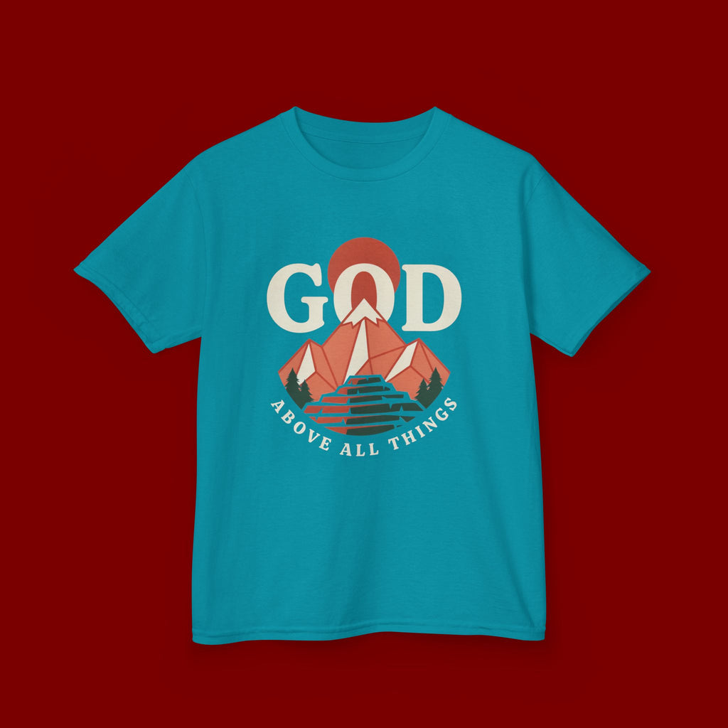 Kids Tee – 'GOD' Mountain Sunrise Faith Graphic