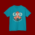 Kids Tee – 'GOD' Mountain Sunrise Faith Graphic