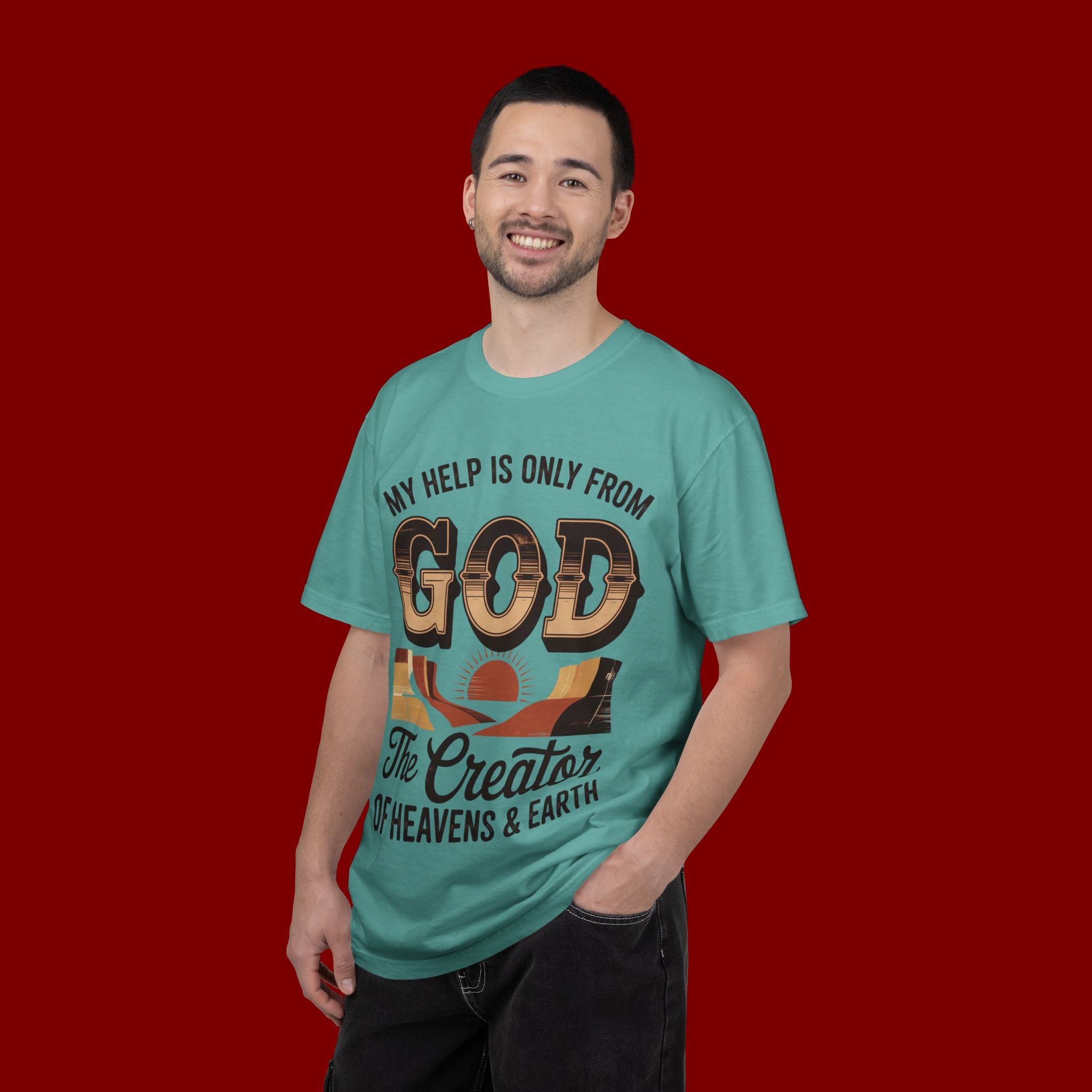 Christian T-Shirt — “My Help Is Only From God, The Creator of Heavens & Earth” Retro Faith Tee