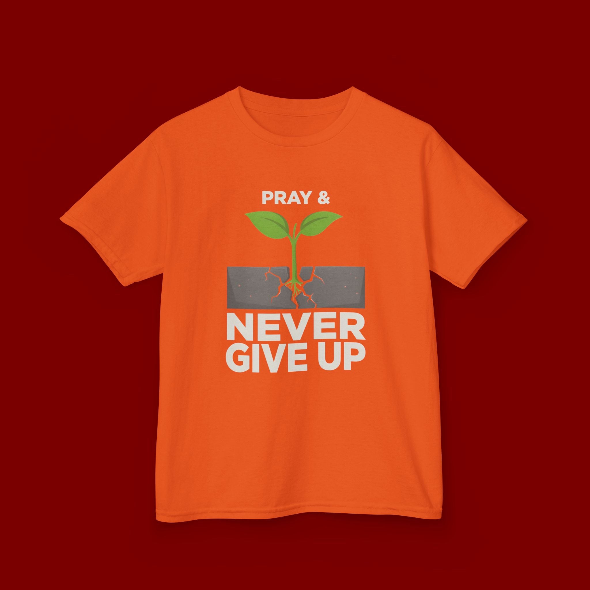Kids Tee – "Pray & Never Give Up" Inspirational Plant Graphic