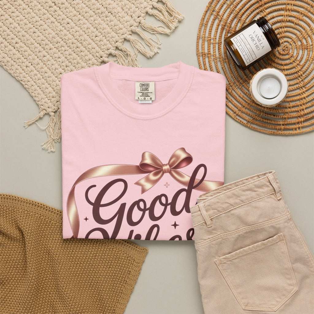 Good Vibes Only T-Shirt — Positive Message Graphic Tee with Ribbon Design