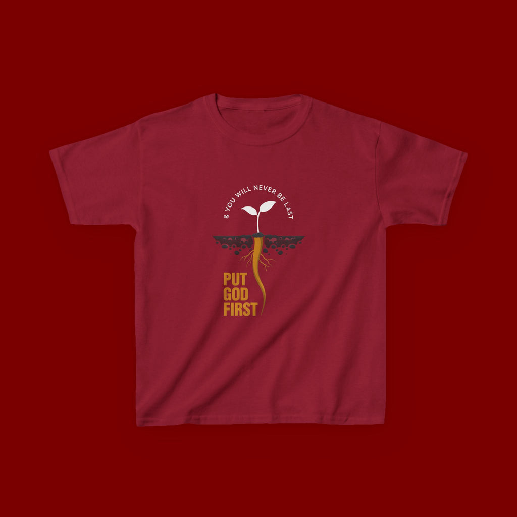 Kids T‑Shirt — 'Put God First' Religious Sprout Graphic Tee (Christian Youth)