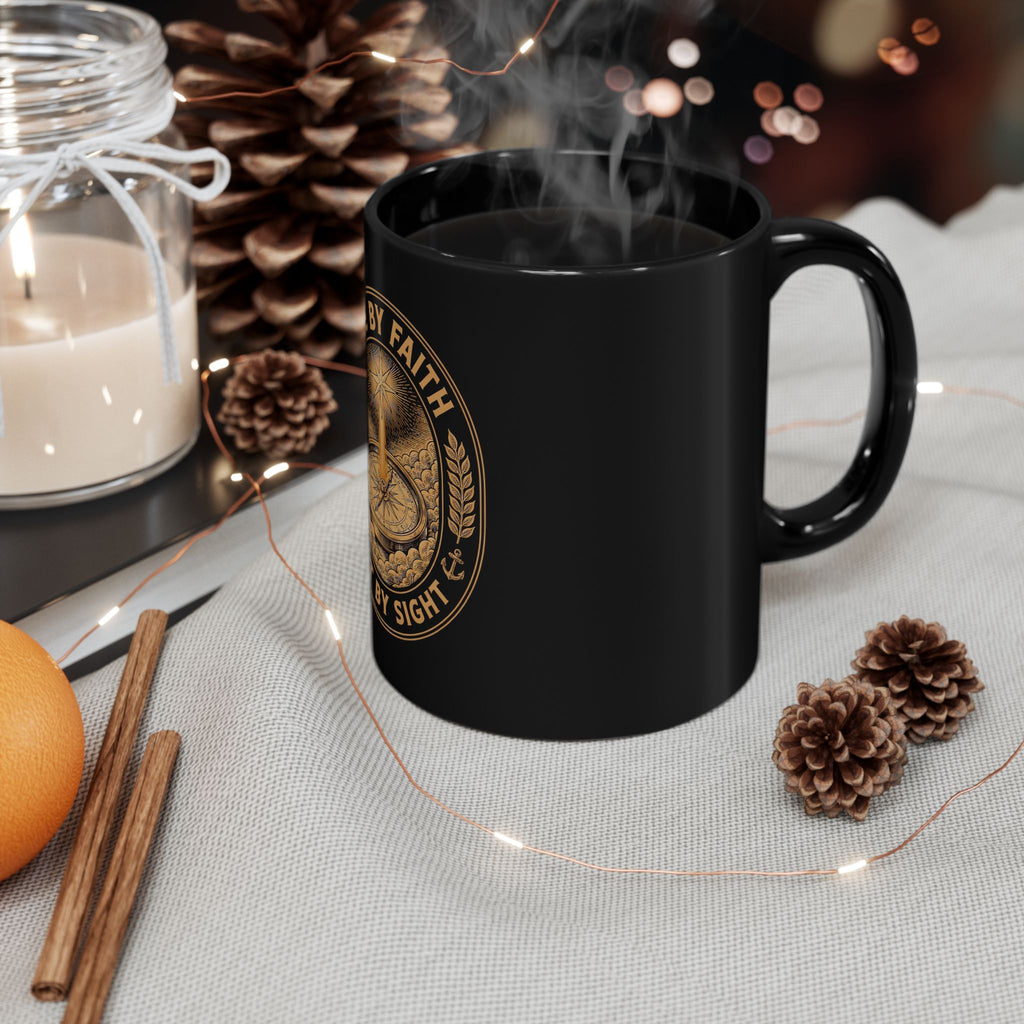 Live by Faith Black Mug — Inspirational Christian Coffee Cup ("Live by Faith Not by Sight")