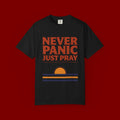 Never Panic Just Pray T‑Shirt — Retro Sunset Faith Tee